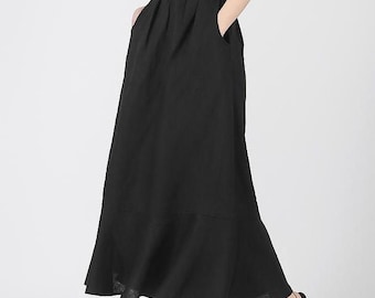 Women's 100%Linen Long Skirt Flared Maxi Skirt with Pockets Fishtail Skirt Ruffle Hem Plus Size Skirt Custom Handmade Temperament Skirt F304