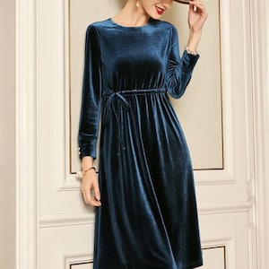 Abito in velluto da donna autunno inverno, abito caldo, abito midi, abiti a maniche lunghe con cintura, abbigliamento taglie forti, abito tunica comodo personalizzato, N138