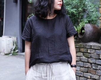 Linen shirt, linen top, short Sleeves shirt, women tops, Summer linen blouse, soft loose blouses, oversized shirt, plus size clothing R28-2