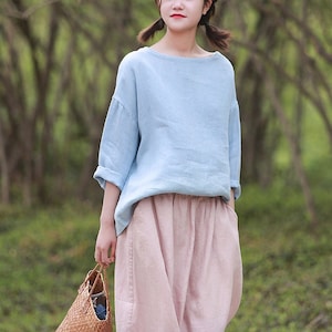 Women&#39;s 100% linen tops, long sleeves tops, loose linen blouses oversized shirt, plus size clothing custom hand made clothing boho N252