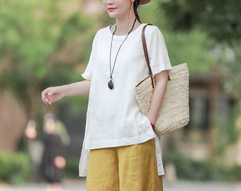 100% linen tops linen shirt linen blouse short sleeves tops loose summer oversized shirt plus size clothing custom hand made clothing N186
