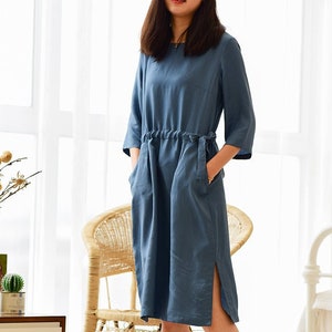 Women's linen dress 3/4 sleeves dress midi dress loose linen oversize dress casual summer fall dress plus size clothing customized dress