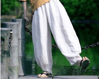 Harem pants, women pure linen pants, wide leg pants, oversized clothing,custom linen maxi pants, loose casual pants, plus size pants B33