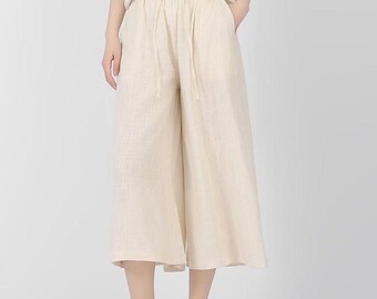 Pantalones de algodón con cintura elástica, pantalones de lino de pierna ancha, pantalones de falda extragrande, pantalones casuales suaves y sueltos, pantalones de verano personalizados de corte relajado y suave A117