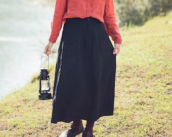 Linen skirt with pockets, vintage skirt, linen midi skirt plus size skirts, fall spring dress boho, oversized custom skirt flax skirt N117