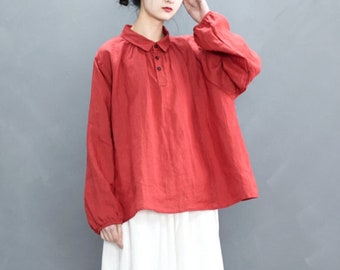 Women's linen tops 100% linen blouses loose linen shirt plus size clothing large size tops custom linen tunic tops long sleeves tops N270