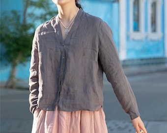 Camicia in lino da donna, cappotto estivo in lino, cardigan in lino, top a maniche lunghe, abbigliamento da spiaggia, camicette boho per le vacanze, abbigliamento personalizzato taglie forti F03