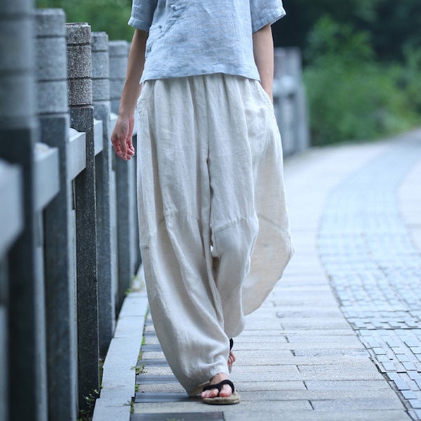 Linen pants for women, long pants, wide leg pants, full length harem pants, loose maxi trousers, fall spring custom long plus size pants B33