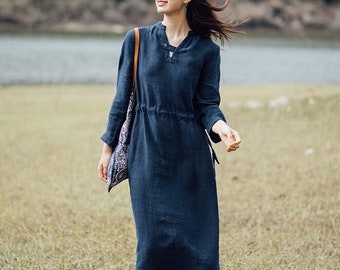 Pure linen dress long sleeves fall dress linen clothing midi linen dresses loose cause dress plus size dress large size dress N313