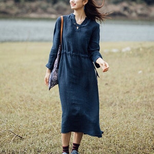 Pure linen dress long sleeves fall dress linen clothing midi linen dresses loose cause dress plus size dress large size dress N313