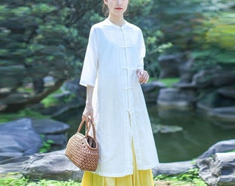 Women cotton linen shirt, long-sleeved shirt, Retro buttoned long cotton tops, loose large size linen tops, summer cardigan shirts N211