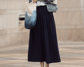 Women's linen midi skirt Summer A-line Elastic Skirts Waist Skirt vintage skirt plus size boho loose soft skirt N31