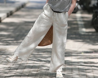 Women's linen pants, linen trousers, wide legs long pants, plus size pants, loose casual maxi pants, summer custom full length pants N05-1