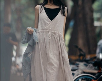 Vestido de lino sin mangas, vestido midi holgado de lino de gran tamaño, vestido casual de verano, ropa de talla grande, vestido 100% lino personalizado, vestido tipo chaleco N41