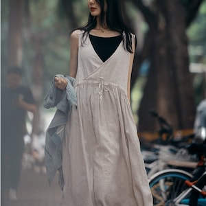 Linen dress sleeveless linen midi loose oversized dress casual summer dress plus size clothing 100% linen customized dress vest dress N41