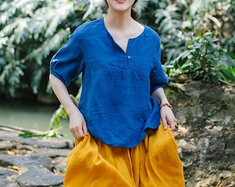 Linen tops for women linen crop tops linen blouses short sleeves shirt loose casual tunic tops oversized linen shirt plus size clothing N81