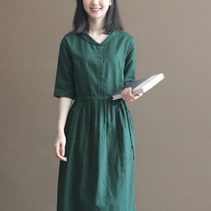 Women's linen dress 3/4 sleeves fall dress linen clothing midi linen dresses with pockets and belt bridesmaid dress N85