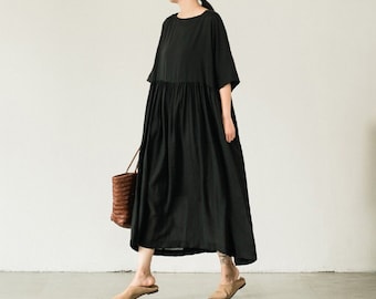 Cotton linen dresses for women, loose oversized half sleeves linen kaftan dress, plus size dress spring summer tunic robes black dress 312-2