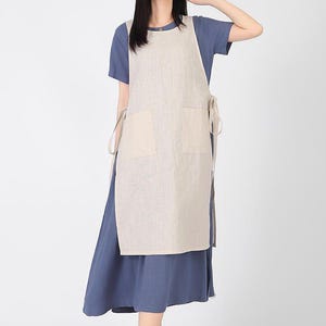 Women&#39;s Pure Linen Apron Side Tie Apron Dress with Pockets Pinafore Apron Garden Apron Easy Boho Dress Vintage Style Japanese Aprons F580