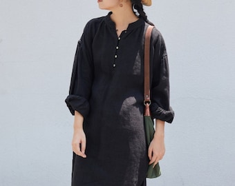 Linen shirt women Long Sleeves shirt dress Linen tunic long tops, loose soft casual oversized shirt, plus size clothing, long blouse N133