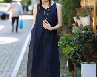 Sleeveless linen dress midi dress loose linen oversized dress casual summer dress plus size clothing customized dress soft linen robe N92