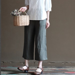 Linen pants linen midi pants linen wide leg pants loose casual trousers fall spring custom hand made long pants plus size pants N05