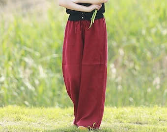 Pantaloni di lino da donna, pantaloni a gamba larga, pantaloni taglie forti, pantaloni maxi casual larghi primaverili pantaloni lunghi fatti a mano personalizzati abbigliamento in lino boho N05-1