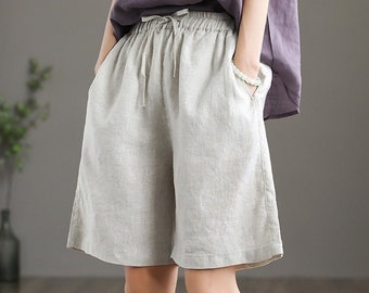 linen shorts for women linen wide leg shorts loose casual trousers fall spring custom shorts plus size shorts summer beach shorts N88