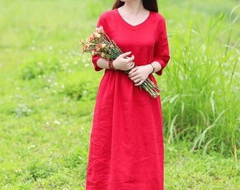 Women Linen Dress, Linen Midi Dress, Half Sleeves Linen Tunic Shift Robes Dresses Summer Spring Loose Fit Plus Size Linen Clothing Boho F125