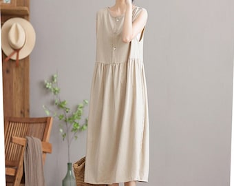 Women Linen cotton dress sleeveless dress linen loose dress linen madi dress oversized clothing plus size dress summer dress N262