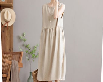 Vestido de lino y algodón para mujer, sin mangas, holgado, de lino, talla grande, de verano, N262