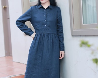 Women's linen dress long sleeves fall dress linen clothing midi linen dresses with pockets and belt bridesmaid dress N108