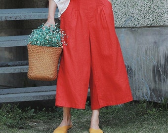100% pure linen long pants, red wide leg pants, linen skirt pants, plus size pants soft casual maxi trousers fall spring hand made pants N54