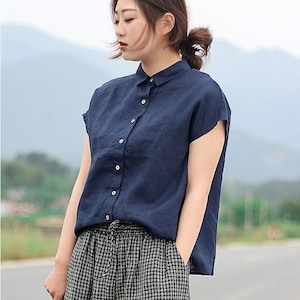 Women linen shirt, short sleeves shirt, loose casual linen blouse, oversized tops, plus size clothing, summer fall spring shirts boho N197