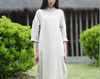 Women's spring linen dress, long sleeves shirt dress, linen maxi dress, loose tunic dress, oversized long robes, plus size clothing 0316-2