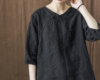 Women's 100% linen shirt 3/4 sleeves shirt linen tops for women soft loose linen blouses oversized shirt plus size custom clothing N164