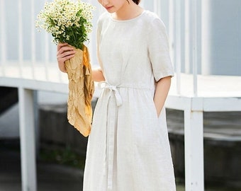 Linen dresses for women short sleeve midi dress 100% linen long dress soft loose casual oversized linen robes plus size clothing N35