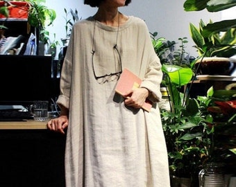 Women Linen Long Sleeves Dress Linen maxi dress large size linen long dress custom handmade dress soft casual loose dress caftan N1