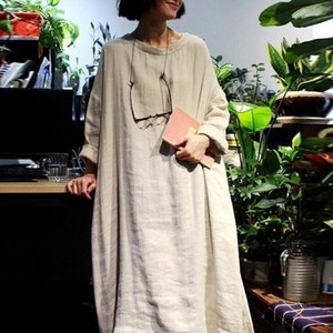 Women Linen Long Sleeves Dress Linen maxi dress large size linen long dress custom handmade dress soft casual loose dress caftan N1