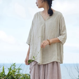 Womens linen tops pure linen blouse loose linen shirt v neck shirts 3/4 sleeves plus size clothing customized blouses boho summer tops N132 image 1