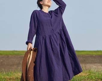 Linen dresses for women Long Sleeves Dress Linen midi dress large size long dress custom handmade dress soft casual loose dress caftan F90