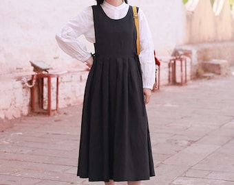 Women's linen cotton dress sleeveless dress linen loose dress linen midi dress oversized clothing plus size dress summer dress F16