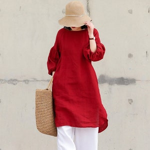 Women&#39;s 100% linen dress, Puff sleeves dress, red loose linen dress, oversized dress, plus size clothing, custom made clothing boho  N111
