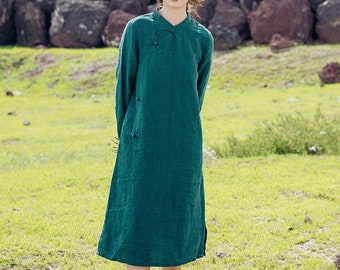 Linen dress for women midi dress long Sleeves dresses loose long dress oversized plus size dress soft casual fall hand made custom N151