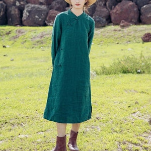 Linnen jurk voor vrouwen midi-jurk lange mouwen jurken losse lange jurk oversized plus size jurk zachte casual herfst handgemaakte custom N151