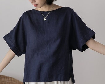 Women's linen tops linen short sleeve tops loose summer linen blouses oversized shirt plus size clothing custom hand made clothing N191