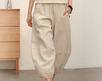 Women pants, Linen long pants, Elastic waist wide leg pants, Full length harem pants, loose trousers fall spring custom plus size pants N137