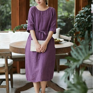 women linen Dresses short sleeve  Midi dress Plus size dress linen custom dress loose casual handmade dress soft boho summer dress N33