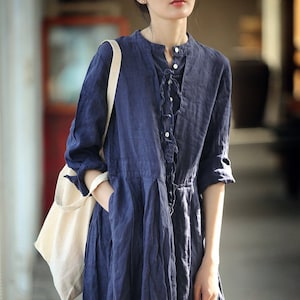 Women linen dresses midi dress 100% linen shirt dress loose casual long dress plus size dress soft summer fall hand made custom dress N46