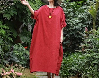 Linen Half Sleeves Dress for Women Fall Spring Loose Fit Maxi Dress Large Size Long Dress Custom Handmade Comfy Oversized Kaftan Robes N348